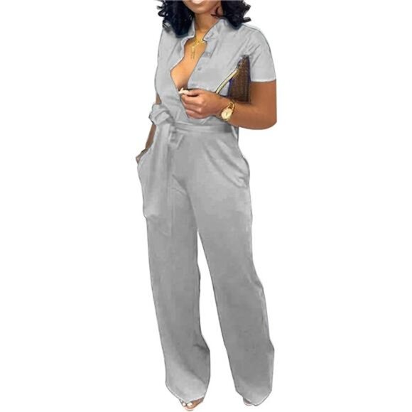 Women‘s Elegant Jumpsuit Casual Stand Collar Button Down...